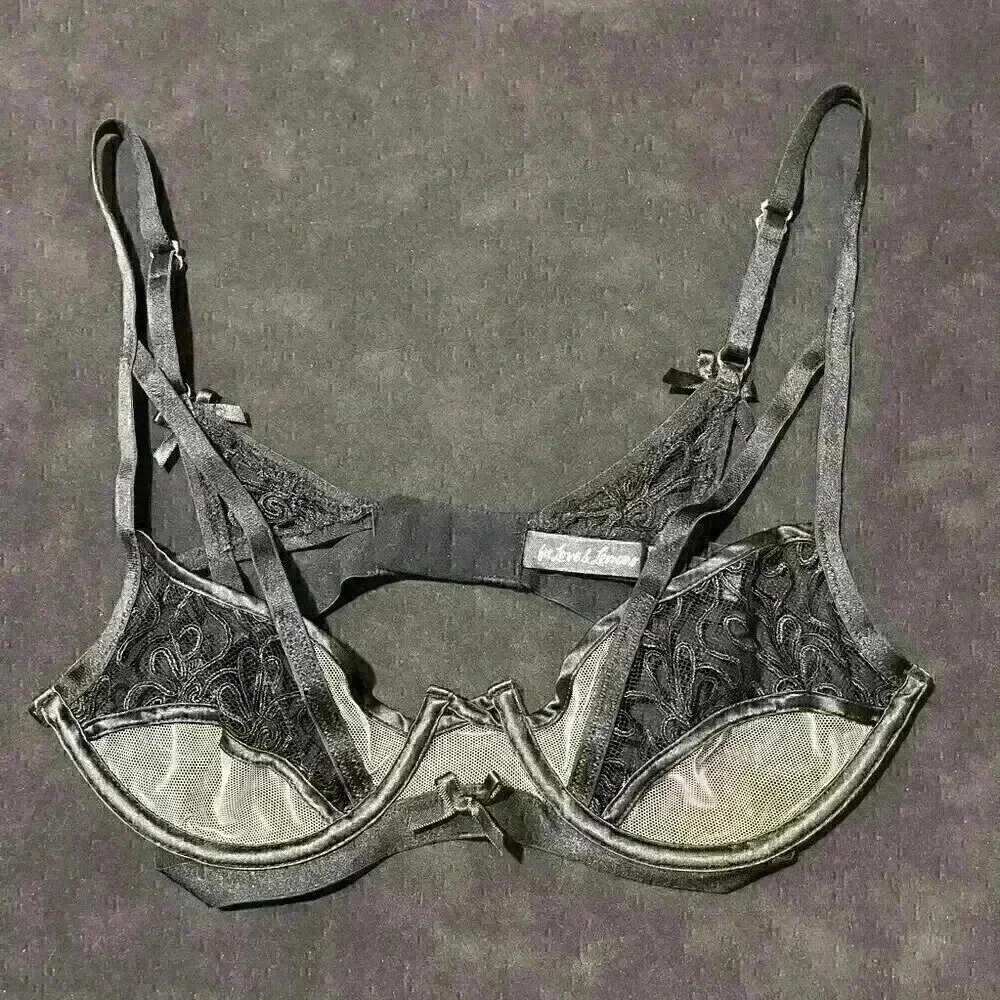 Victorias Secret Womens For Love & Lemons Bra Black Floral Adjustable Strap Bow